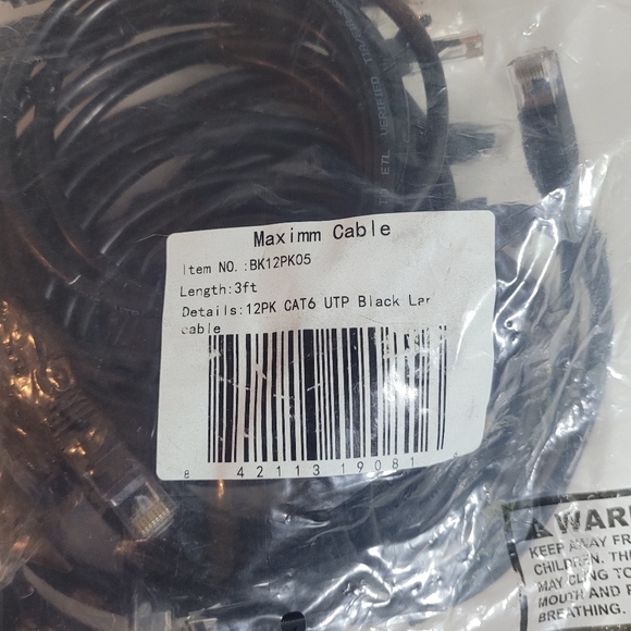 Maximm Cat 6 Ethernet Cable, 3 Ft, Black, 12 Pack - Picture 2 of 3